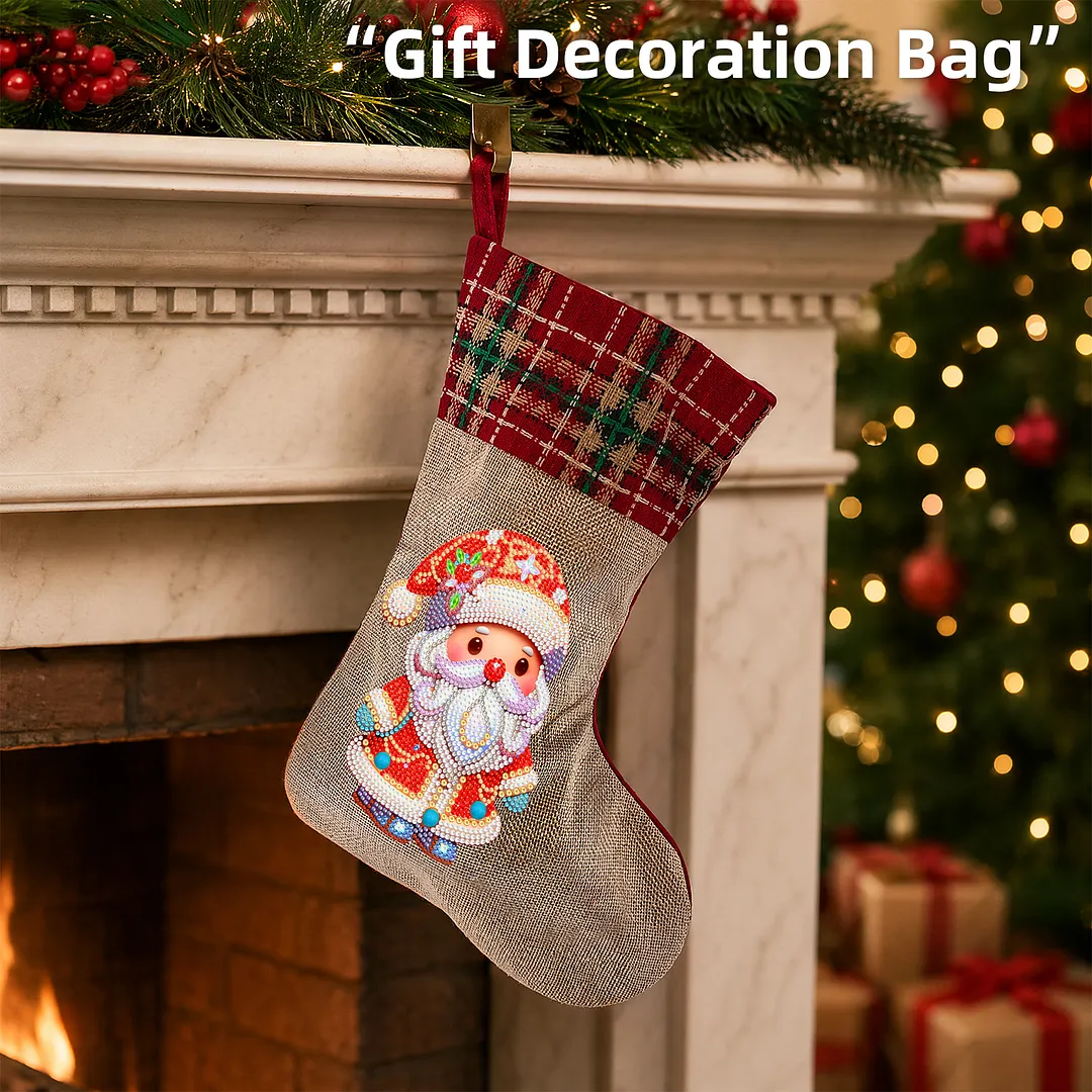 DIY Diamond Painting Christmas Stockings Hanging Ornaments Large Capacity Xmas Socks Pendant Wear Resist Candy Gift Storage Bags for Family Christmas Holiday Party Decoration (Santa Claus)