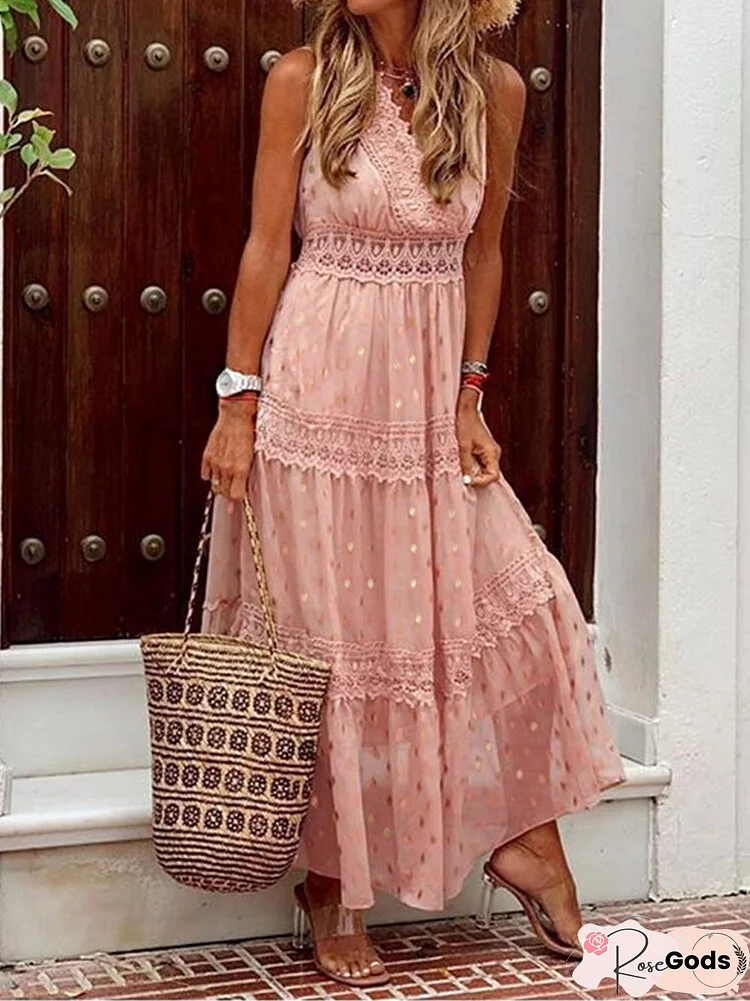 Women Fashion Chic Solid Color Sleeveless Ruffle Dress Sexy Summer Beach Party Dress Lady Elegant Sling V-Neck Lace Long Dresses