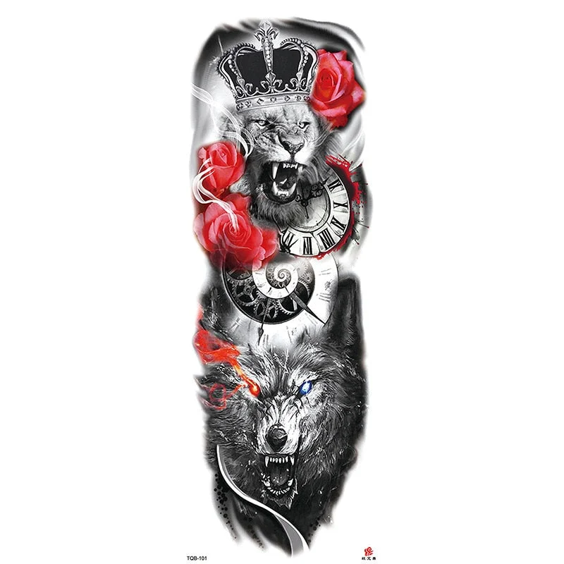 Full Arm Temporary Tattoos Sleeve for Men Women Realistic Fake Tatoo Warrior Lion Mechanical Skull Wolf Rose Tatto Sticker Totem