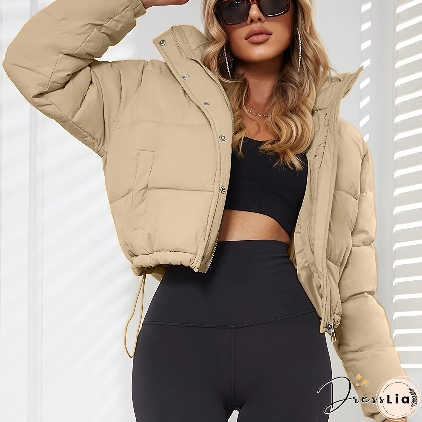 Solid Drawstring Pleated Slim Coat-Long Sleeve-Womens Clothing