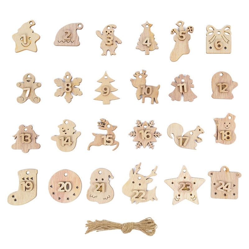 1-24 Numbers Christmas Advent Calendar Wooden Pendant Xmas Gift Bags Number Label Calendar Countdown Hanging Tags 2022 New Year