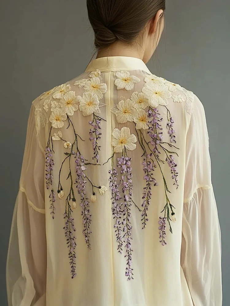 Women's Blooming Floral Embroidery Art Chiffon Shirt