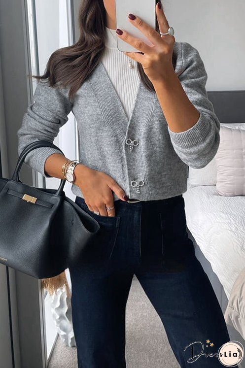 V Neck Button Down Rhinestone Bow Sweater Cardigan