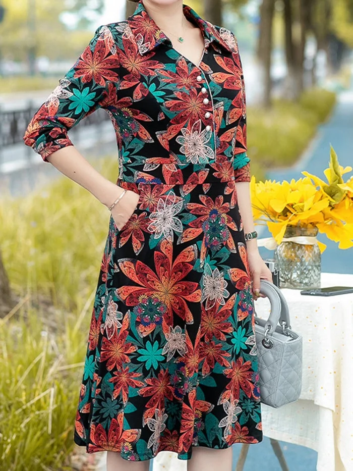 Long Sleeve Lapel Fashion Print Dress