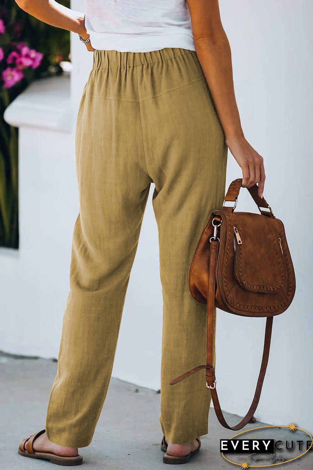 Khaki Casual Drawstring Elastic Waist Pants with Pockets