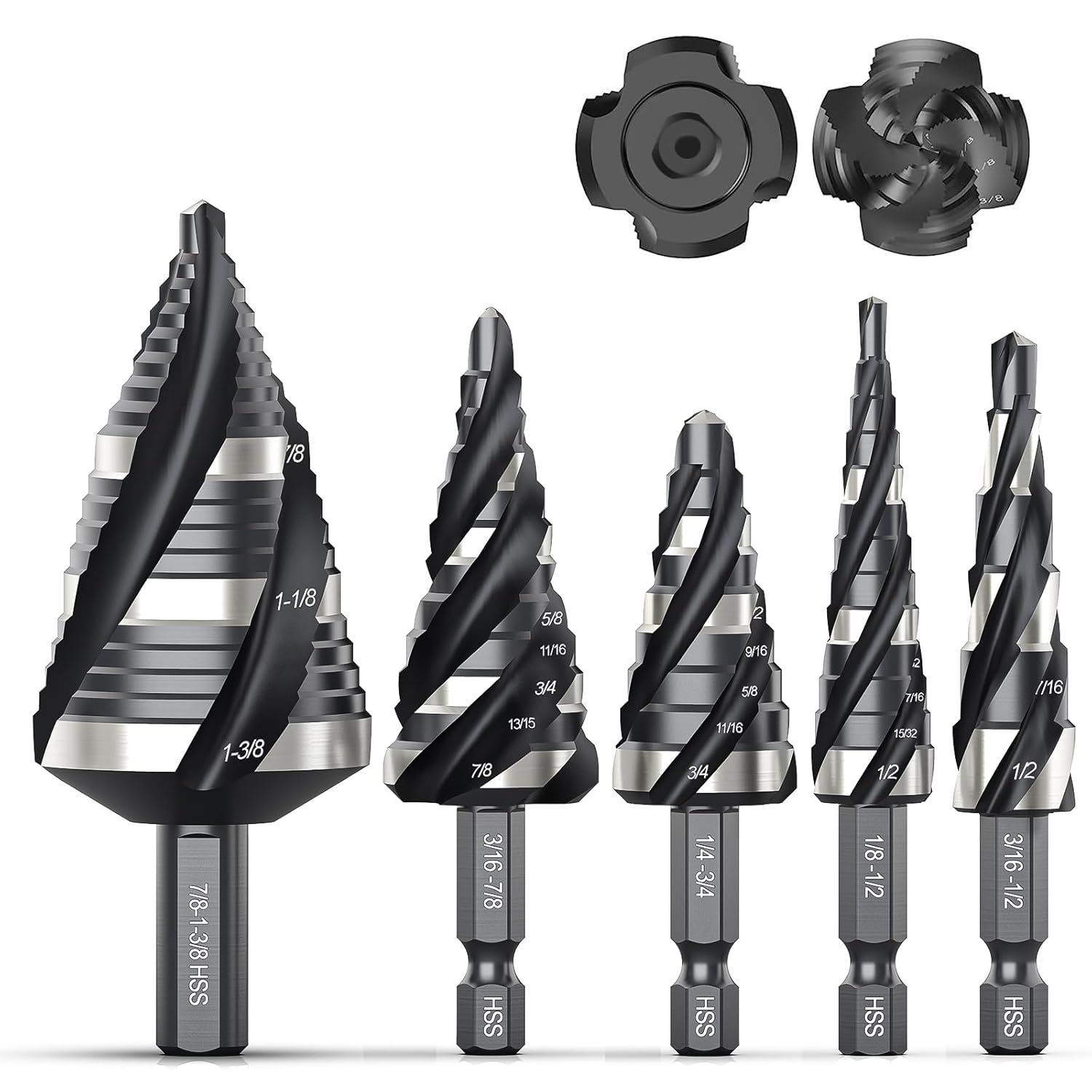 ⏰️Hot Sale 50% 🔥THINKWORK Four Spiral Flute Step Drill Bit Set, 5 Pcs HSS Step Drill Bits (1/8"-1-3/8") Unibit Step Drill Bit, 1/4" and 3/8" Shank Step Bits for Aluminum, Wood, Plastic, Metal 