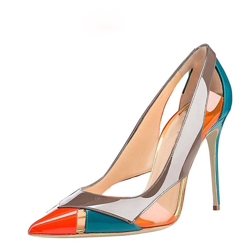 Women's sexy colorful patchwork pointed toe stiletto heels pumps fashion show party heels