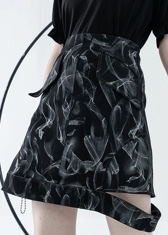 4.23Style Black High Waist Hollow Out Print Cotton Denim A Line Skirts