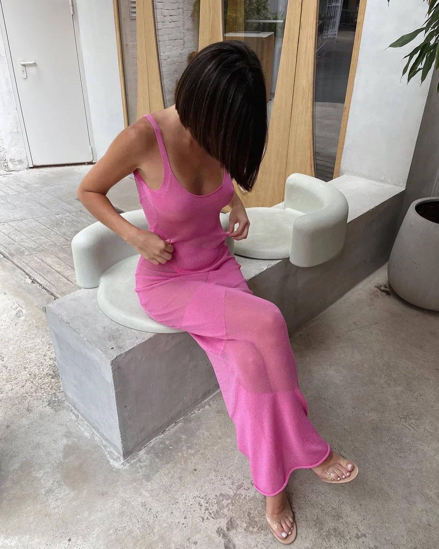 Ootddress Backless Patchwork Maxi Dress Cover up For Women Slim Loose Holiday Beach See-Through Clothes Dress Female Knit Long Dress