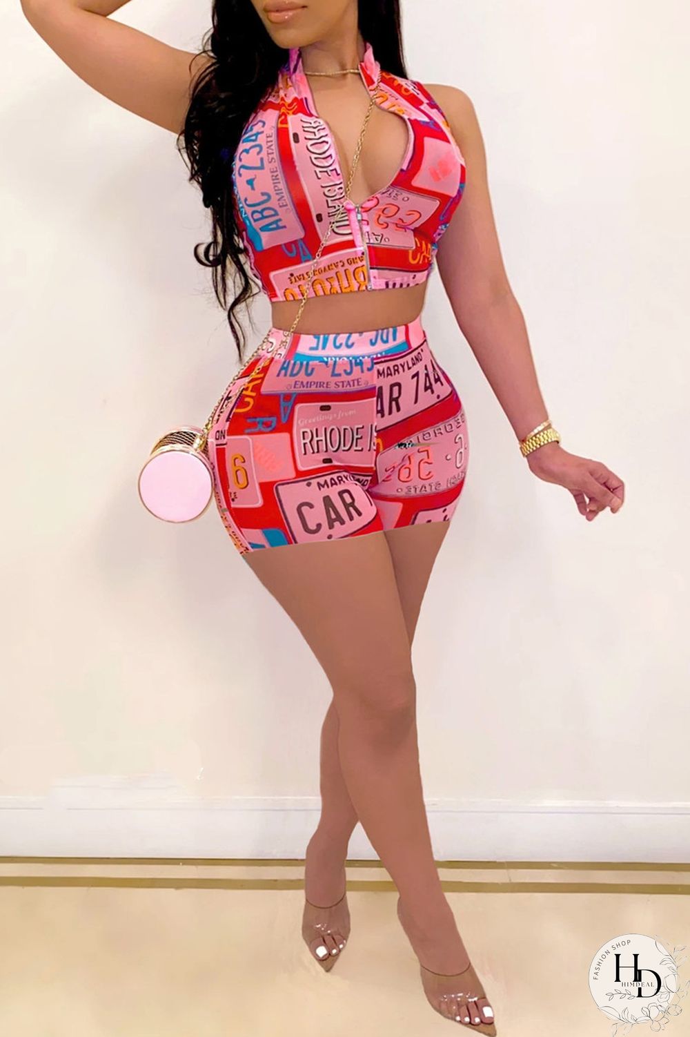 Fuchsia Sexy Casual Print Basic Zipper Collar Sleeveless Two Pieces