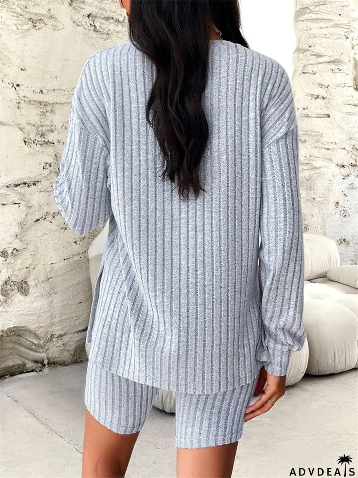 Female Pure Color Leisure Knitted Sweater + Shorts Two-piece Set