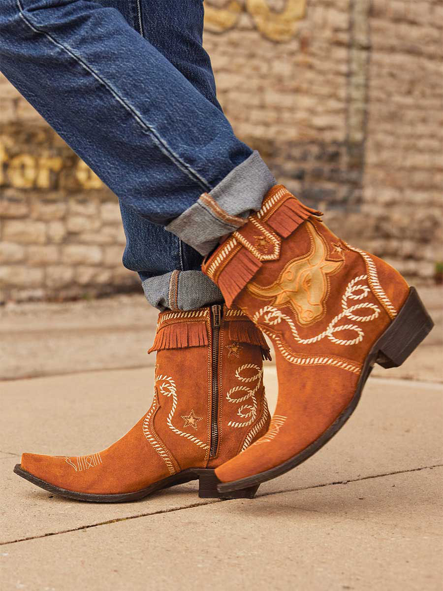 Tan Faux Suede Embroidered Side-Zip Block Heel Fringe Ankle Boots