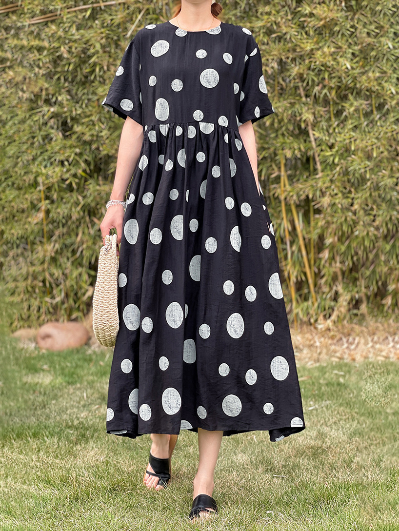 Polka Dot Print Short Sleeve Round Neck Cotton Linen Midi Dress