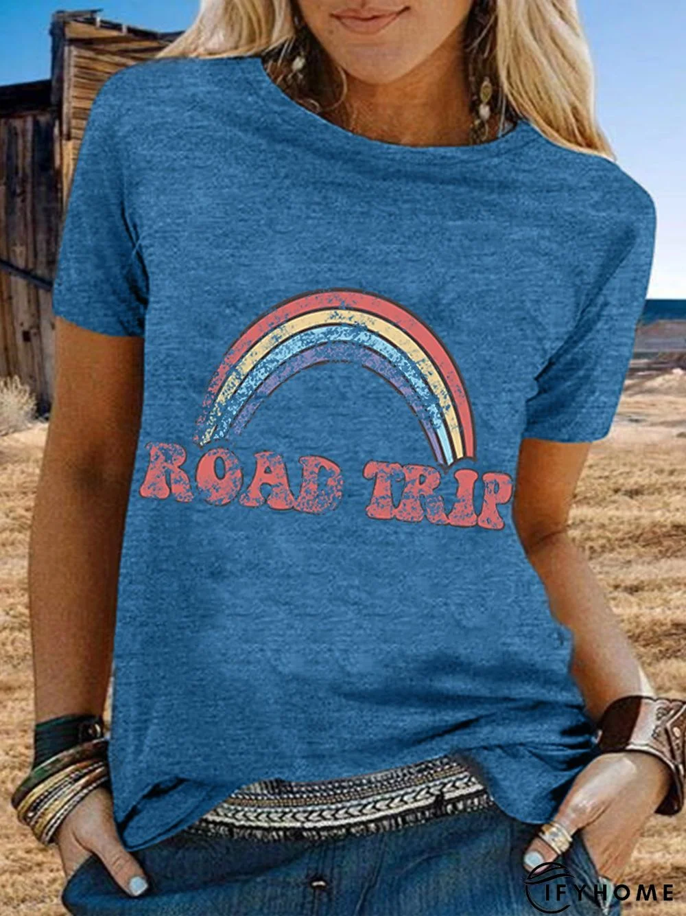 Vintage Short Sleeve Rainbow Letter Printed Plus Size Casual Tops | IFYHOME