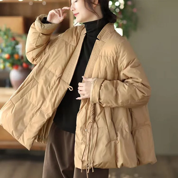 Style Khaki V Neck Oversized Oriental Button Duck Down Puffer Coat Winter