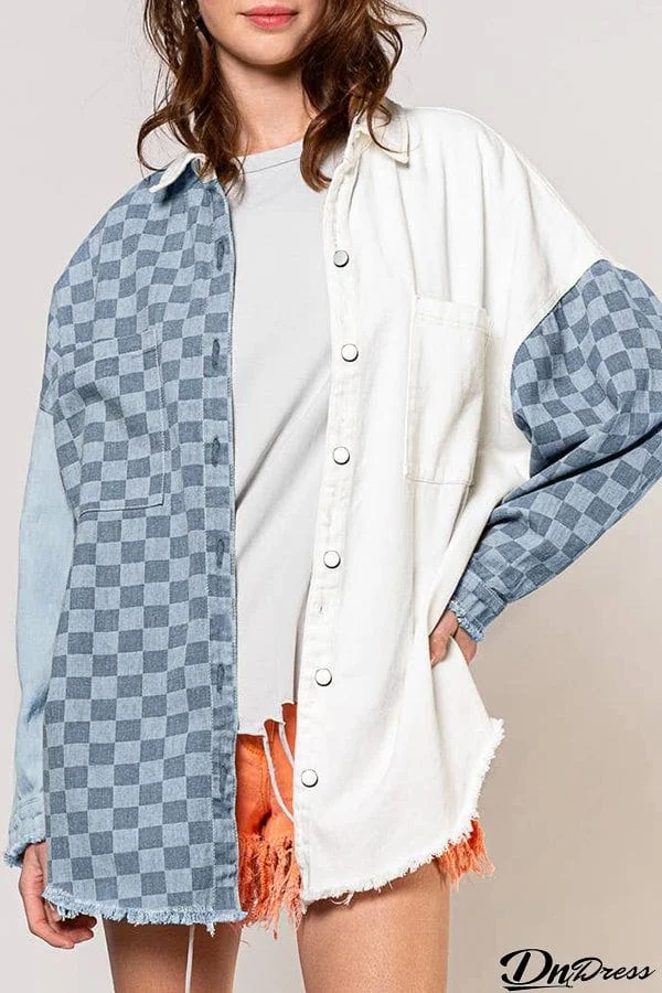Check Panel Fringe Denim Jacket