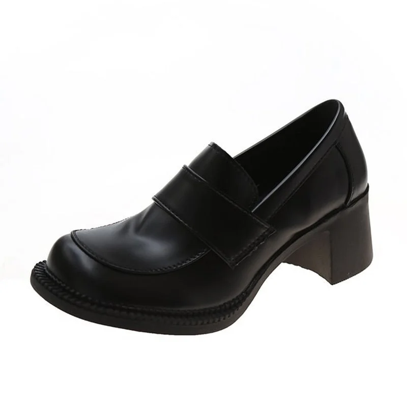 Transparent Bead PU Leather Shoes Woman Retro Round Toe Chunky High Heels Loafers Women 2022 Spring New Black Party Pumps