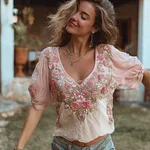 Women's Bohemian Pink And White Peony Embroidered Linen V-neck Short Sleeves - Image 2