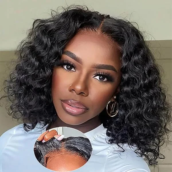 Wear and Go Glueless Wigs Human Hair Pre Plucked Deep Wave Bob Wig Human Hair Lace Front Wigs for Beginners Upgraded No Glue Pre Cut 4x4 Lace Closure Glueless Wigs for Black Women Human Hair 12 Inch 12 Inch Glueless bob wig black color
