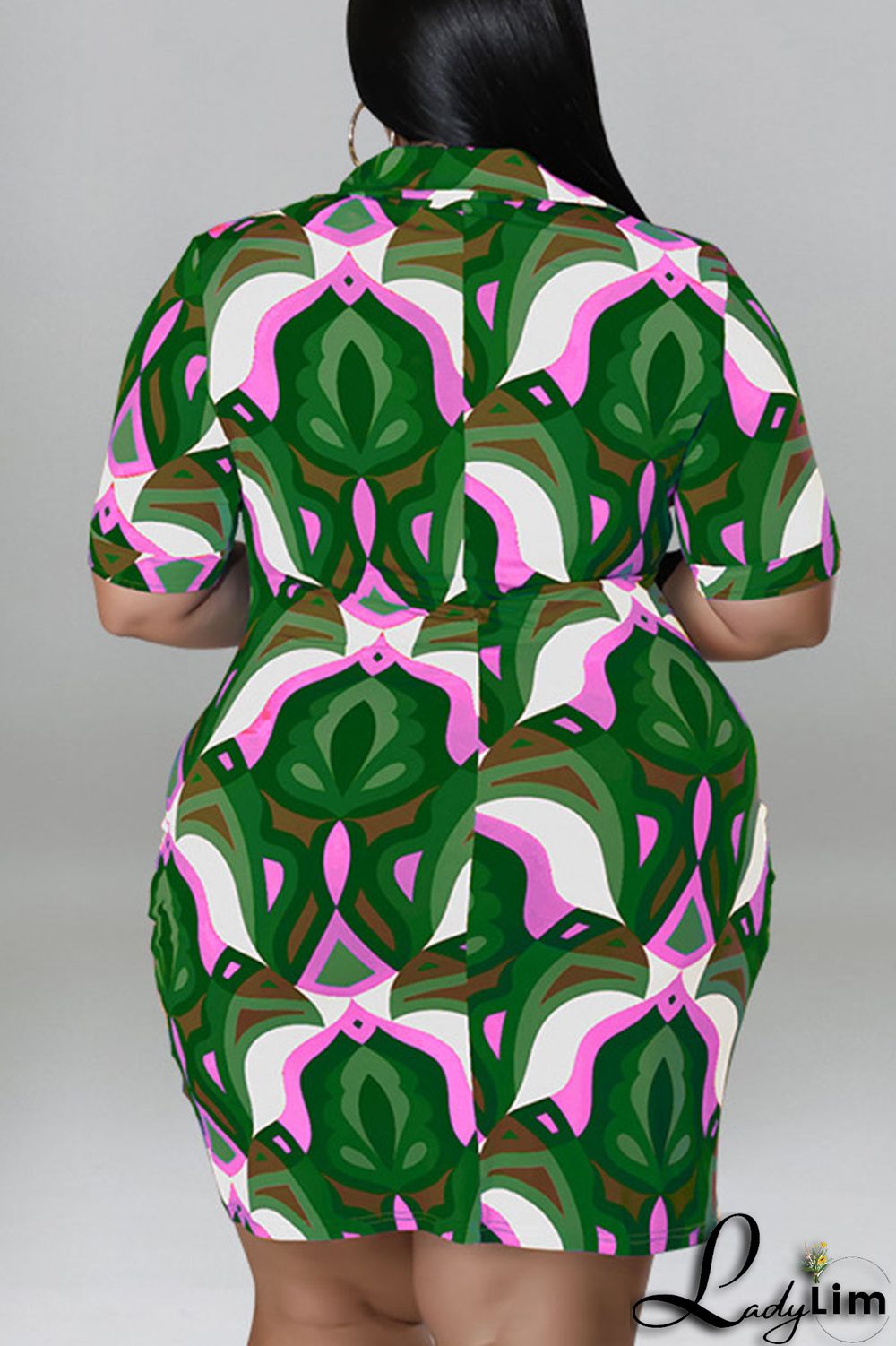 Coffee Casual Print Patchwork Buckle Turndown Collar Shirt Dress Plus Size Dresses