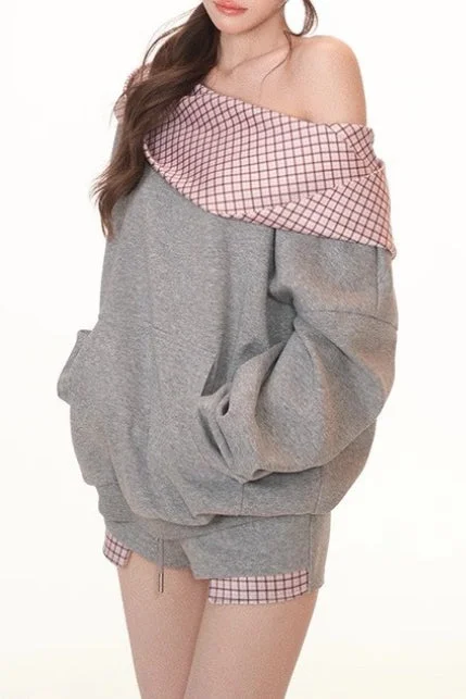 Cute Plaid PatchworkOff-the-shoulder Oversized Two Piece Set