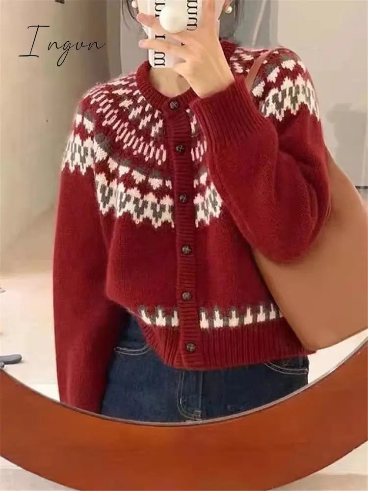 Ingvn - Women’s Ugly Christmas Sweater Cardigan Jumper Ribbed Knit Patchwork Button Geometric