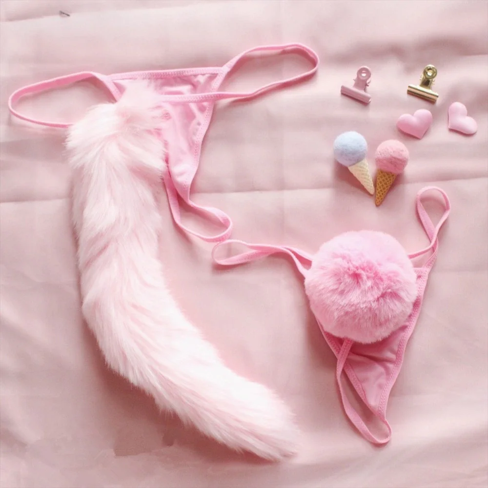 Billionm Cute Lolita Girls Soft Pink Kawaii Rabbit Tail Hair Ball Women Underwear Sexy Pants Erotic Lingerie G String Panties Cosplay
