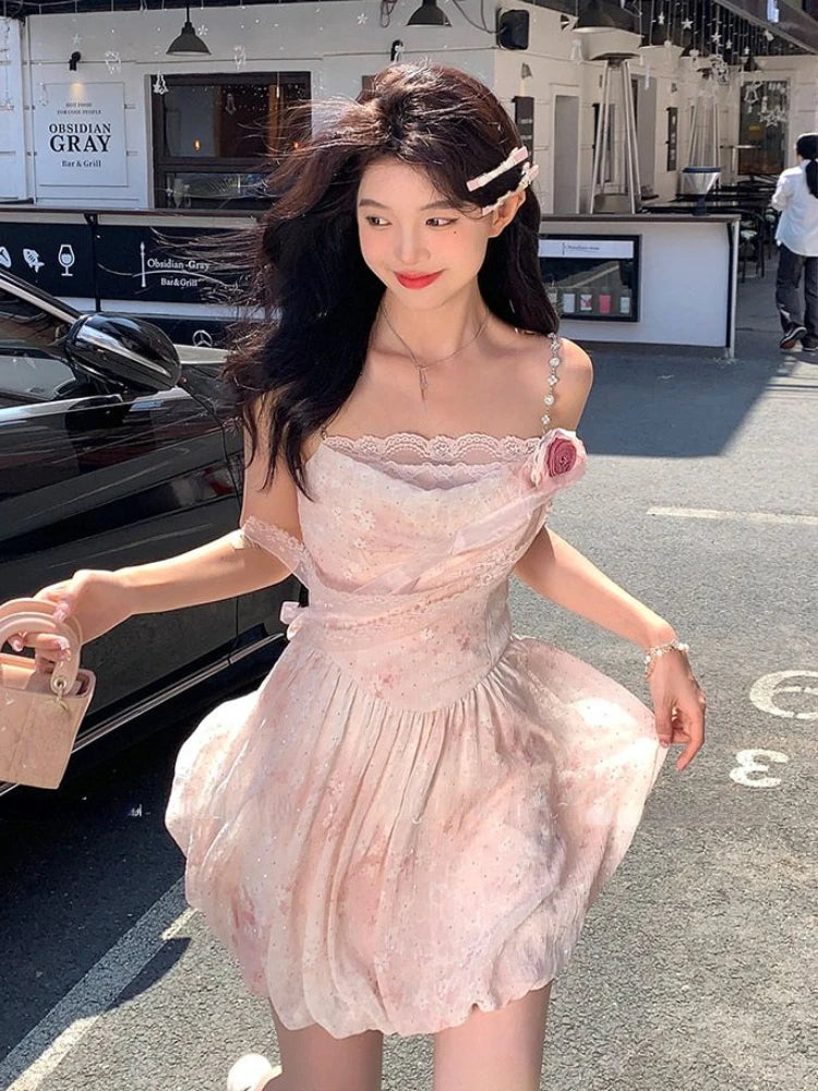 Aiertu Elegant Sleeveless Strap Mini Dress Women Beach Style Lace Dress Even Party 2024 Summer Vintage One Piece Dress Korean Fashion Aiertu