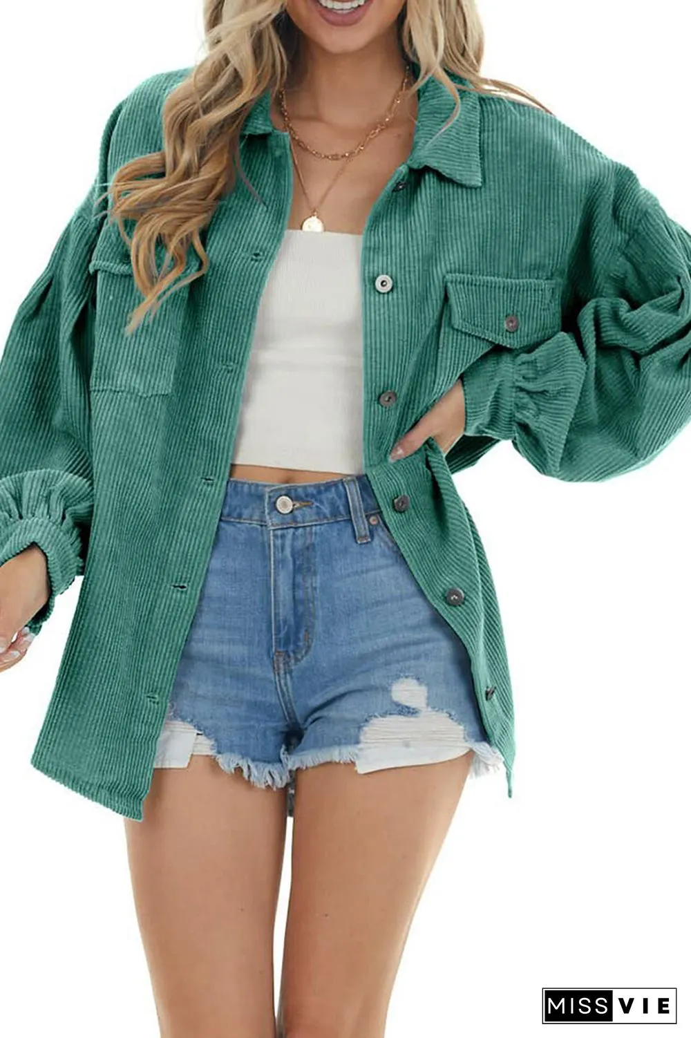 Lantern Sleeve Button Pockets Corduroy Shirt
