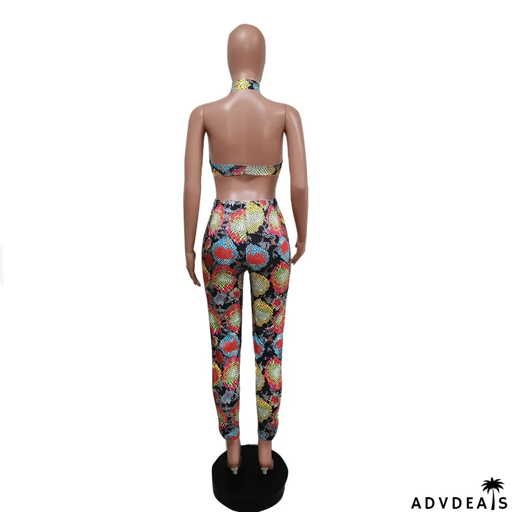 Ladies' Fashion Print Halter Neck Low Back Career Sexy Two-Piece Suit