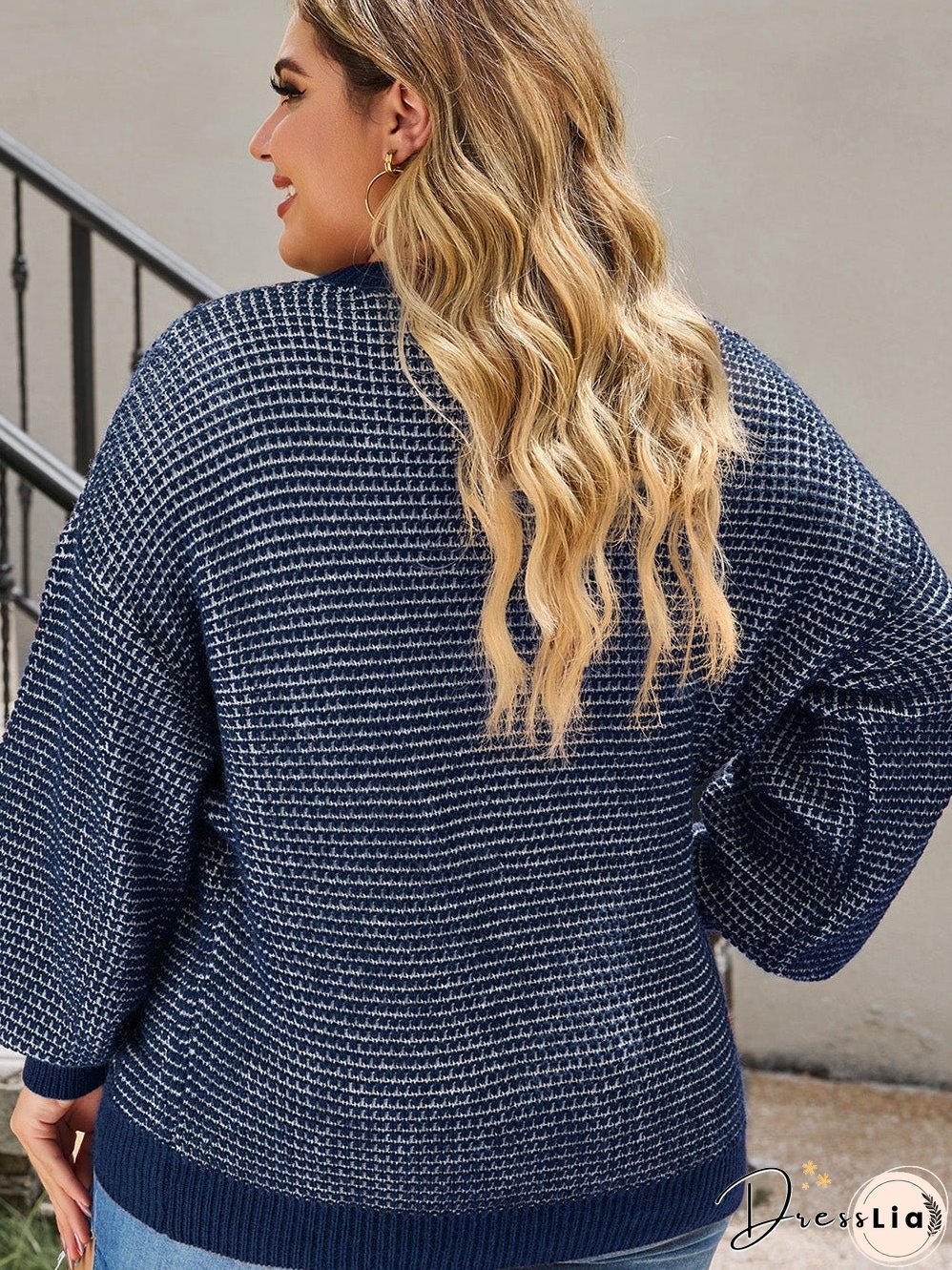 Blue Heathered Knit Plus Size Drop Shoulder Sweater