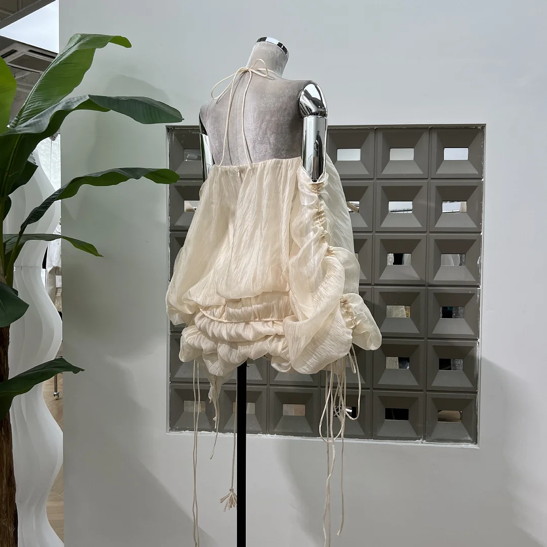 Billionm Summer Time Pure Romantic Lysula With Folded Puffs Folded Puffs Hanging Neck-Luff Dress Thin