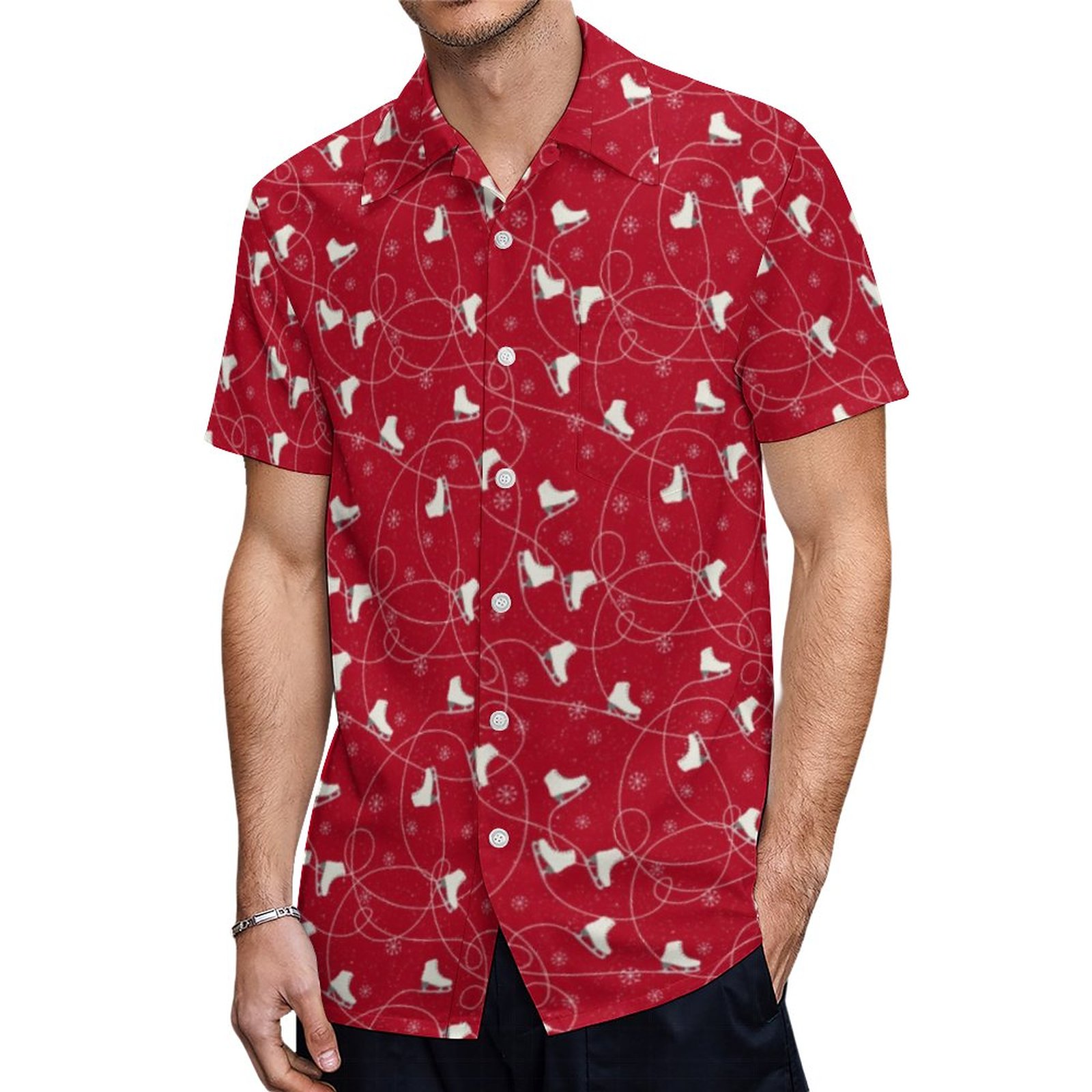 Figure Skates Skating On Bright Red | Men's Tropical Print Hawaiian Beach Vacation Shirt | Hawaiian Shirts | Inappropriate Hawaiian Shirts | Big And Tall Beach Shirts