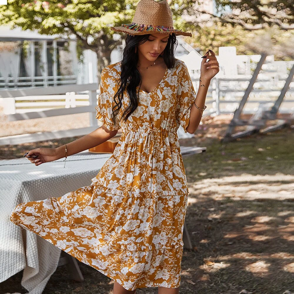 Ladies Maxi Floral Print Summer Dress Women Loose Casual High Waist Sashes Bohemian Women Beach Dress Female Vestidos Sundress