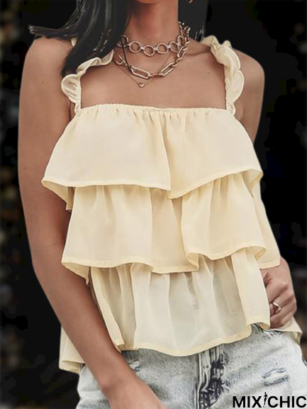 Vintage Plain Ruffled Sleeveless Casual Top