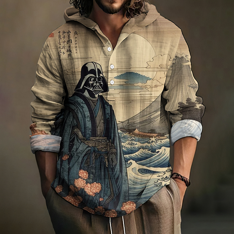 Men's Japanese Ukiyoe Ink Art Print Linen Hooded Shirt