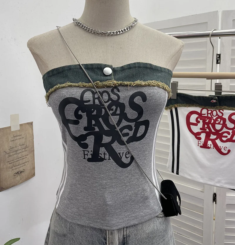 Nigikala Nigikala Shooting Cowboy Splicing Braid Vest Babes Letter Graffiti Printing Short Sleeveless Outside Wear 8927