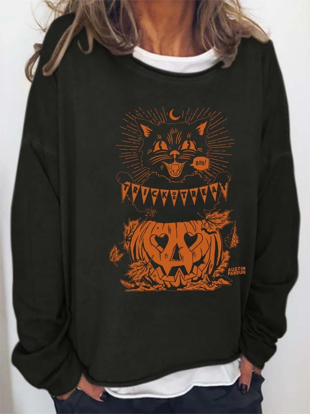 Women Pumpkin Light Halloween Cats Casual Crew Neck Sweatshirts