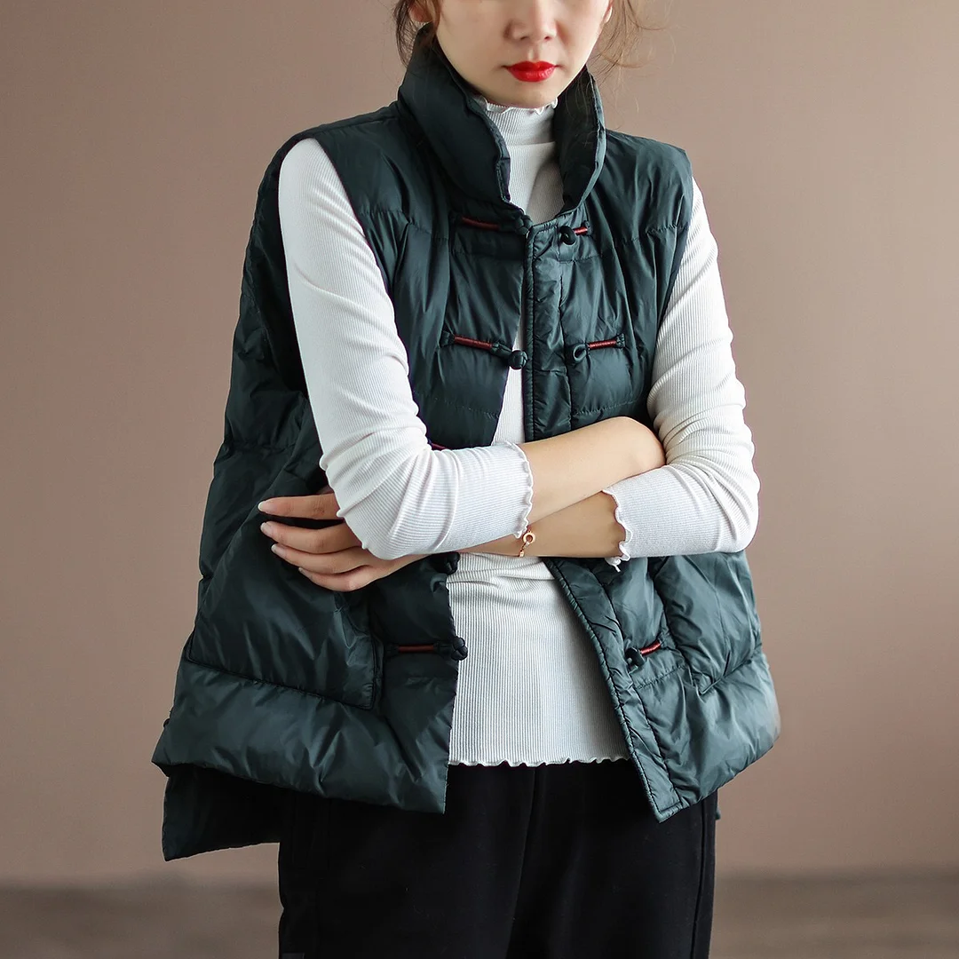 Woherb National Wind Down Vest Female Wear 2024 Winter New Plate Buckle Collar Light Warm White Duck Velvet Vest Coat-Outfit Ideas