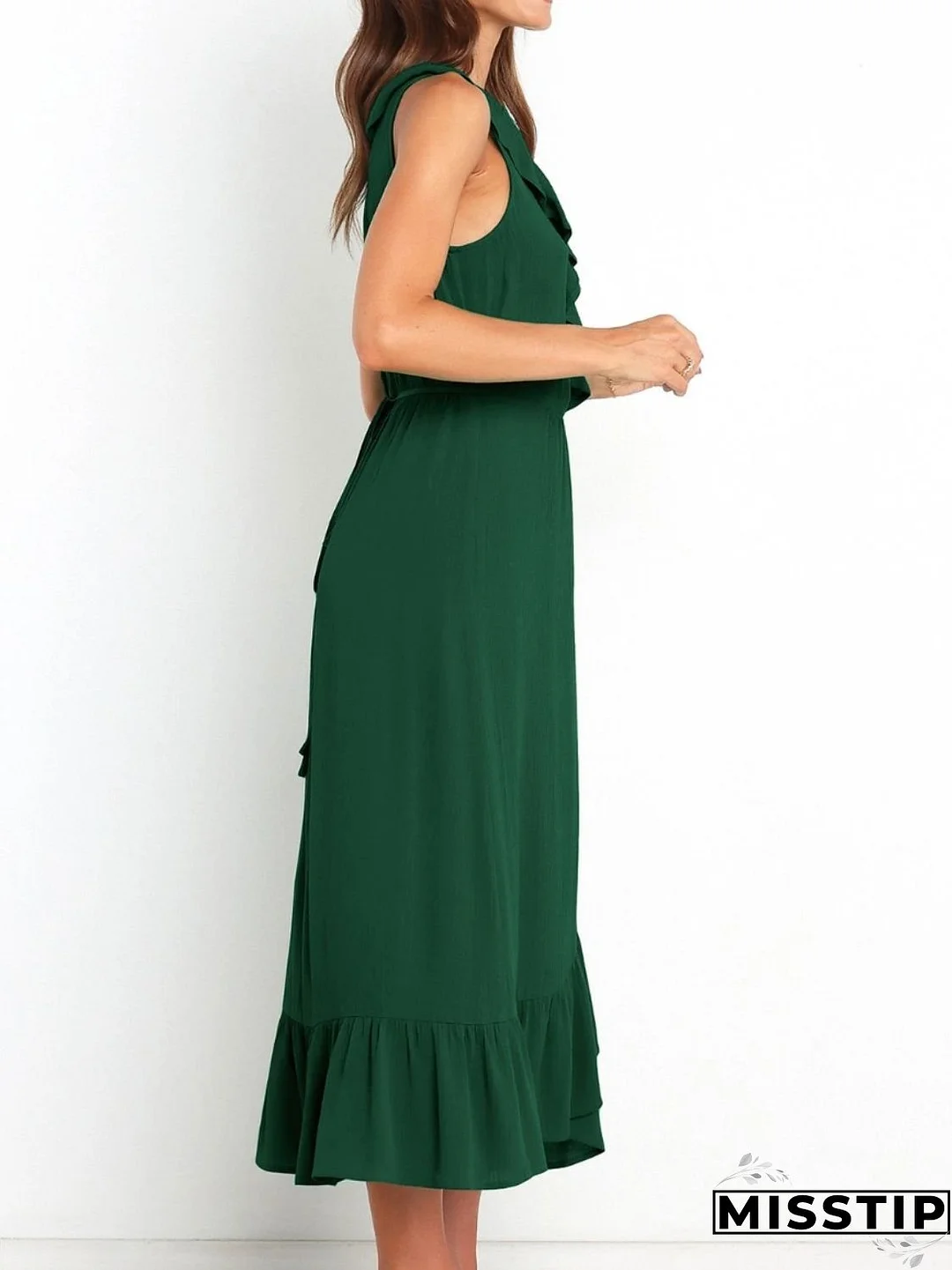 Ruffled Surplice Sleeveless Midi Dress