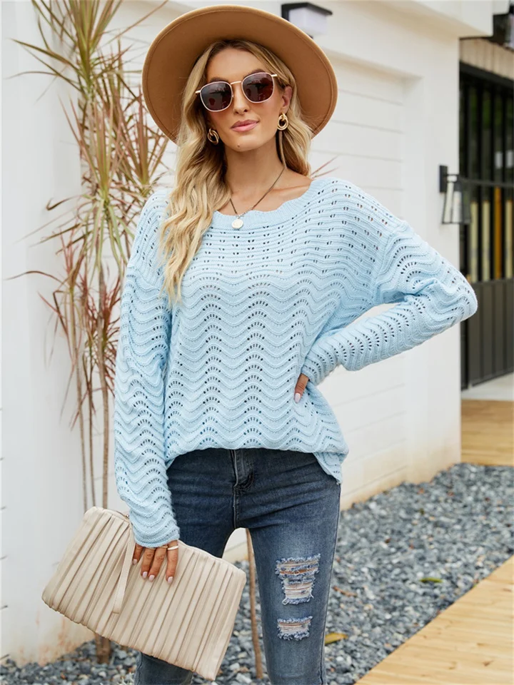 Solid Color Cut-Out Pullover Lace Knit Ladies Sweater