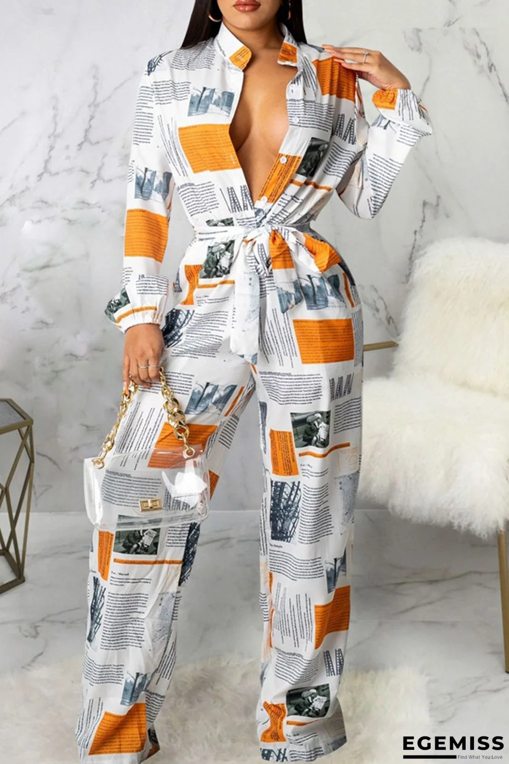 Yellow White Casual Print Bandage Patchwork Buckle Turndown Collar Straight Jumpsuits | EGEMISS