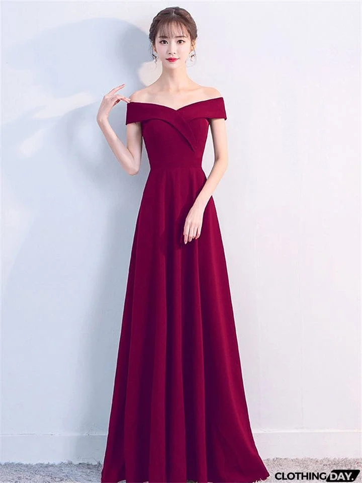 Elegant Sexy Off Shoulder Design Solid Color Full Length Evening Dresses