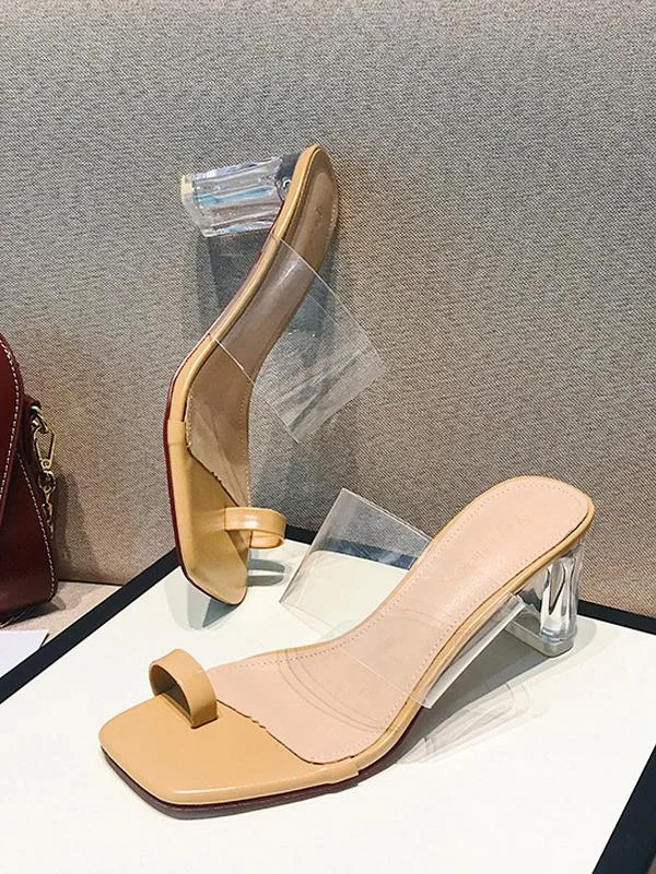 One word with thick heel crystal transparent high-heeled slippers