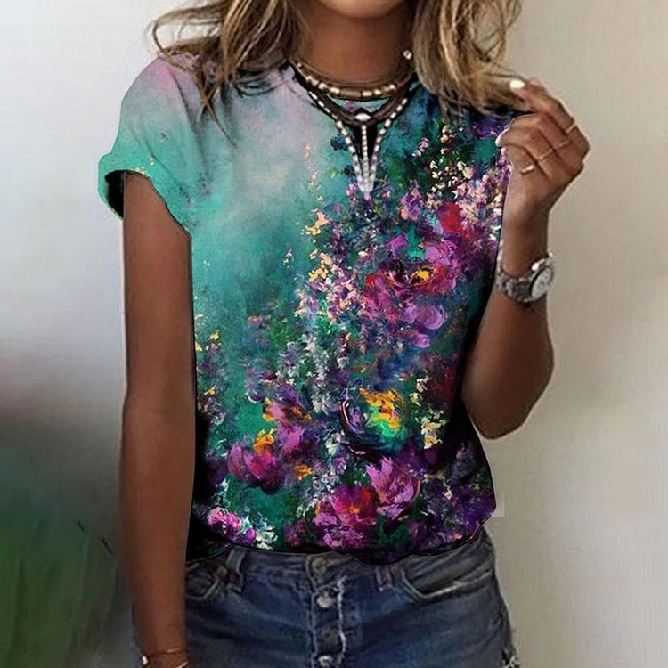 Floral Printed Round Neck Casual T-Shirt