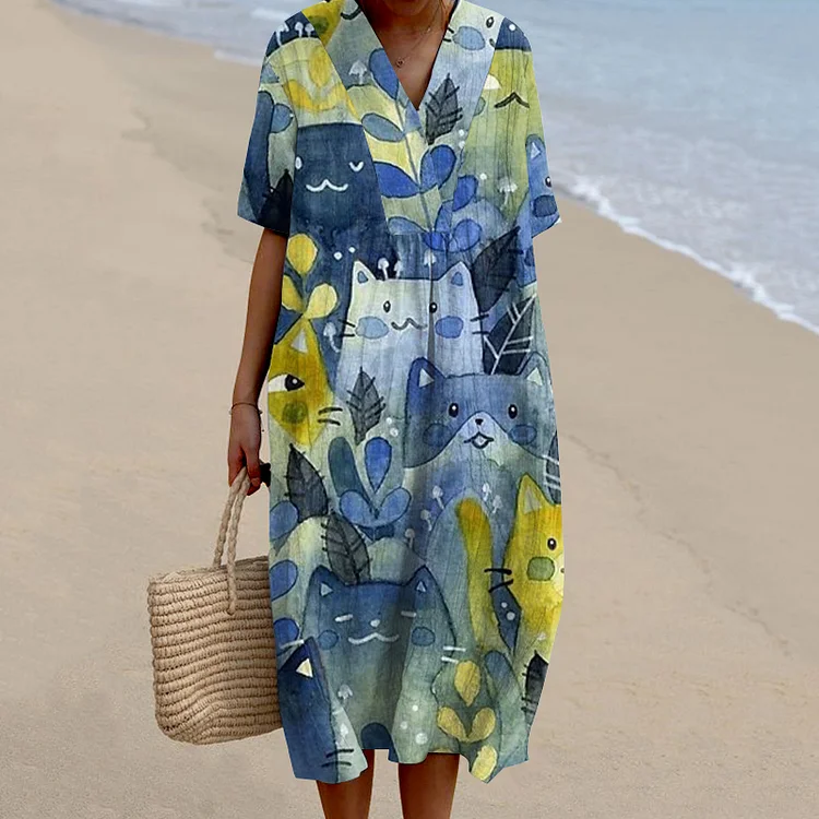 Women's Watercolor Cat Art Print V-neck Dress