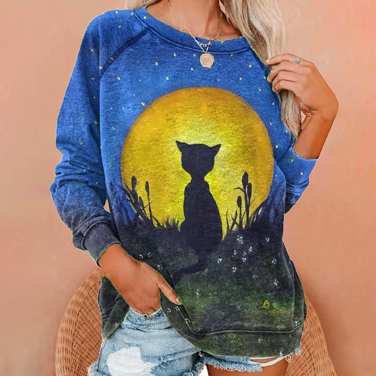 Vefave Casual Cat Moon Print Sweatshirt