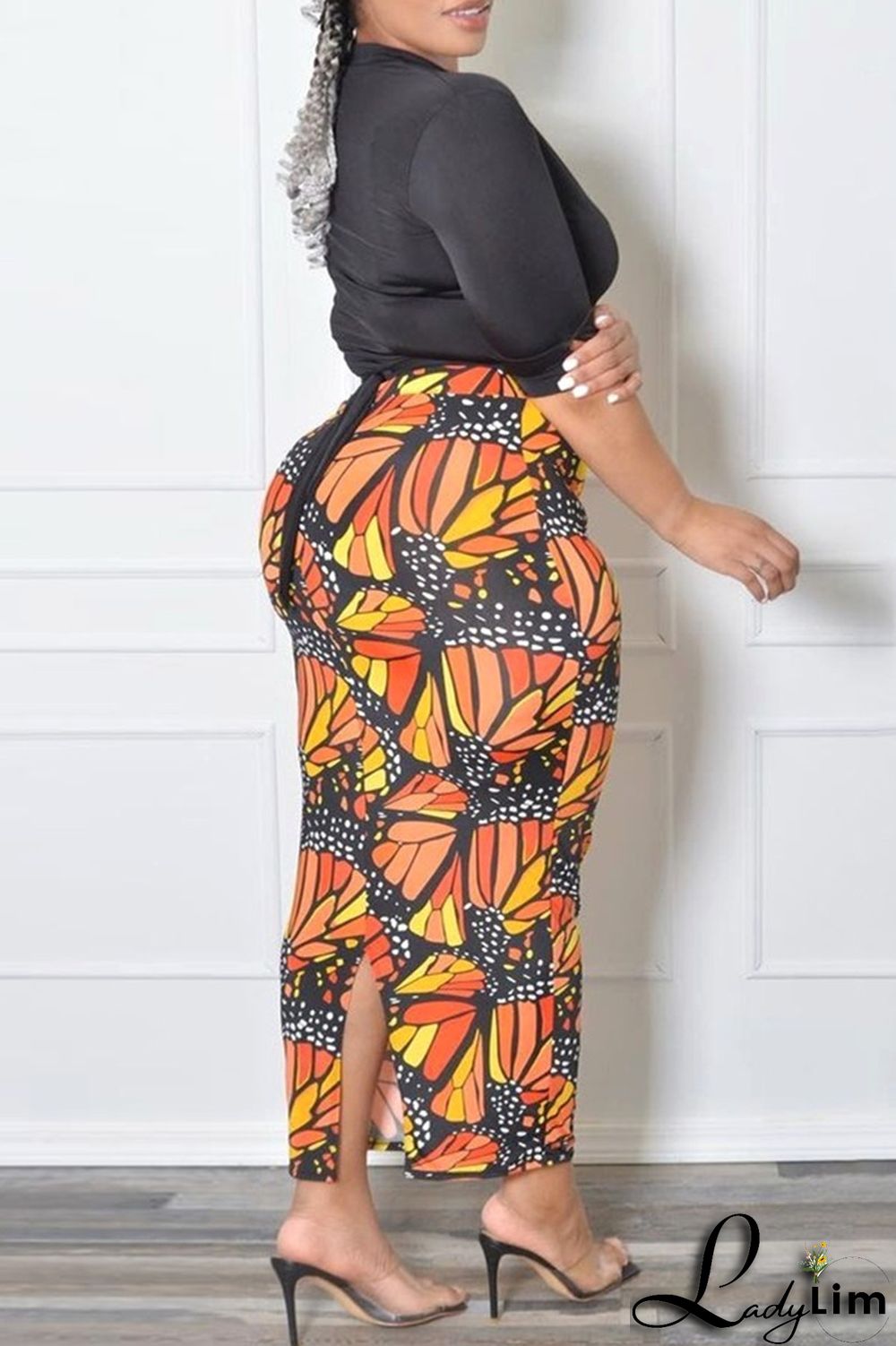 Orange Fashion Casual Print Slit Plus Size Skirt