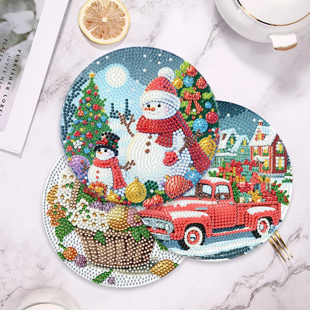 5D DIY 4pcs Christmas Acrylic Diamond Painting Placemats DIY Diamond Dot Kits for Tabletop