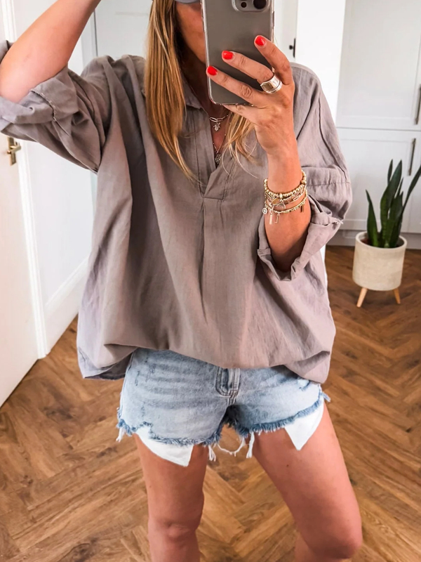 Loose V-neck Elegant and Comfortable Women's Cotton and Linen Shirt tjj Shicloths